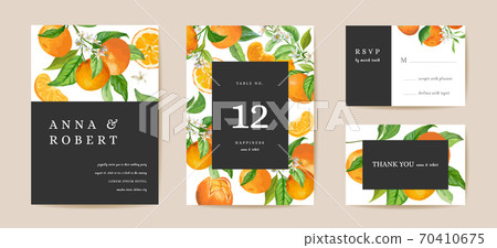 Botanical wedding invitation card, vintage Save the Date mandarin, citrus template design watercolor illustration 70410675