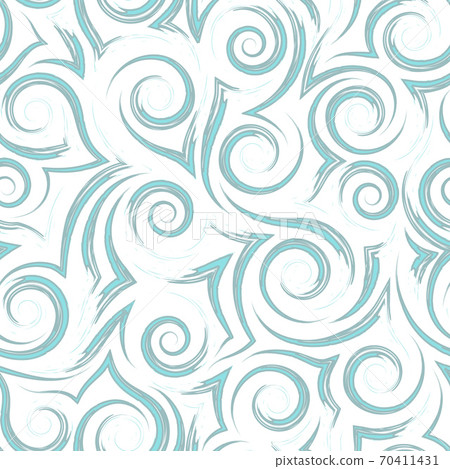 Geometric seamless pattern of flowing blue waves of spirals and curls on a white background.Sea or ocean stylized waves or ripples on the water. 70411431