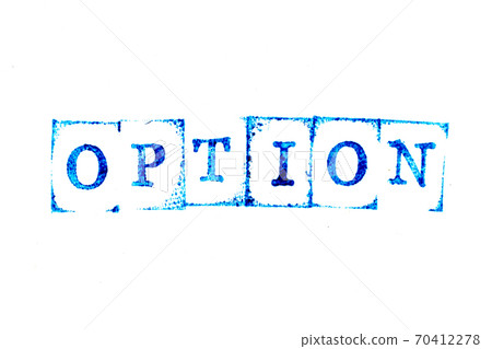 Blue color ink of rubber stamp in word option on white paper background 70412278