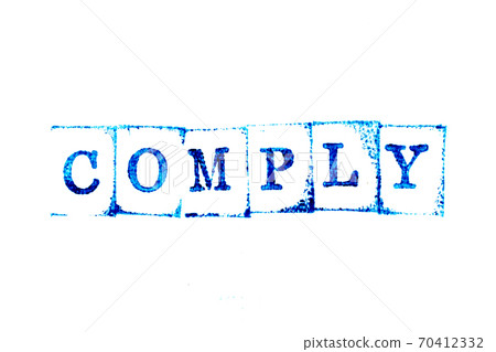 Blue color ink of rubber stamp in word comply on white paper background 70412332