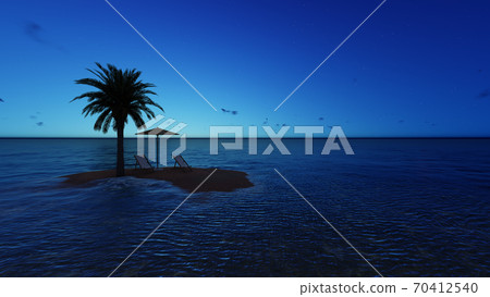 Two chairs under an umbrella at the beach by night - 3D render Two chairs under an umbrella at the beach by night - 3D render 70412540