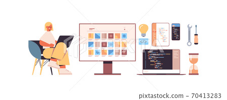 female web developer using laptop creating program code development of software and programming icons set female web developer using laptop creating program code development of software and programming icons set 70413283