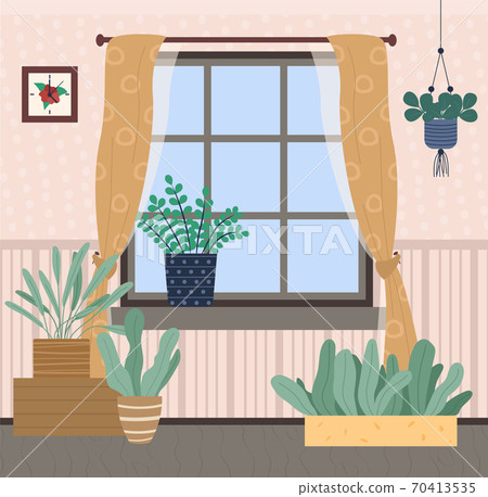 Interior of living room with green plants, window with curtains, hanging houseplants, design 70413535