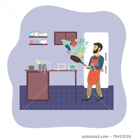 Man preparing food at home kitchen, guy cooking vegetables, mixing in pan, leisure activity 70413538