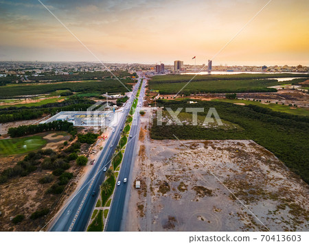 Ras al Khaimah emirate in the UAE aerial sunset view 70413603