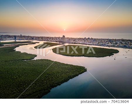 Ras al Khaimah emirate in the UAE aerial sunset view Ras al Khaimah emirate in the UAE aerial sunset view 70413604