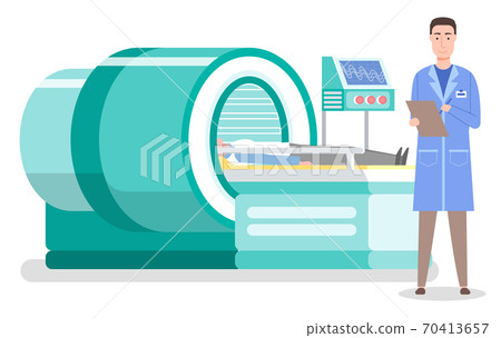 Laboratory diagnostics, man patient lying at tomography machine, smiling radiologist in medical gown 70413657