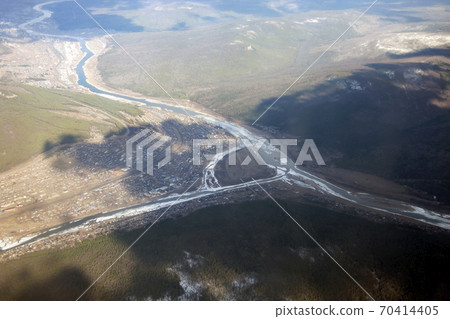 Siberian city at the confluence of the Kuta river with the Lena river Siberian city at the confluence of the Kuta river with the Lena river 70414405