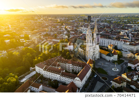 Aerial view of the Cathedral in Zagreb at sunrise. Croatia. Aerial view of the Cathedral in Zagreb at sunrise. Croatia. 70414471