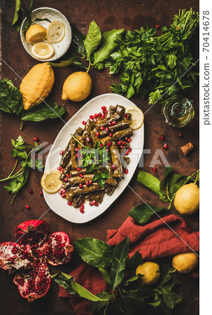 Turkish Sarma wine leaves with rice, spices with 70414678