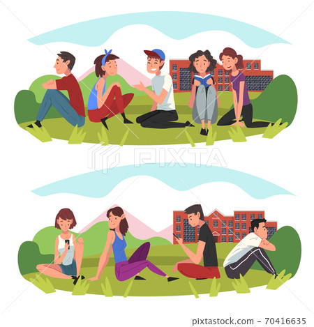 Students Sitting on Lawn in front of College Building Set, Boys and Girls Talking to Each Other Vector Illustration 70416635