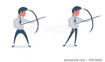 Full length portrait of a young businessman aiming with a bow and arrow isolated on white background 70416892