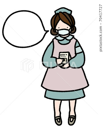 手繪插圖的古董娃娃式護士娃娃，攜帶藥物來傳達信息（兒童） 70417727