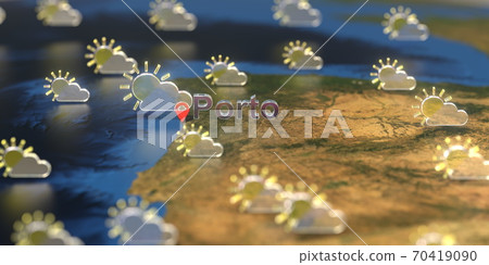 Partly cloudy weather icons near Porto city on the map, weather forecast related 3D rendering 70419090
