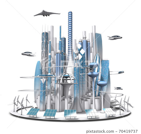 3dcg of the future city of blue and white seen from the front 70419737