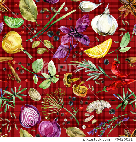 seamless pattern with herbs and spices. watercolor botanical illustration background seamless pattern with herbs and spices. watercolor botanical illustration background 70420031