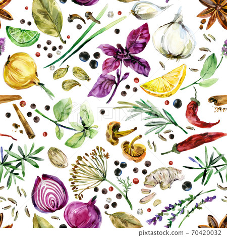 seamless pattern with herbs and spices. watercolor botanical illustration background seamless pattern with herbs and spices. watercolor botanical illustration background 70420032