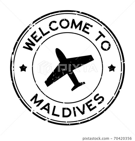 Grunge black welcome to Maldives word with airplane icon round rubber seal stamp on white background 70420356