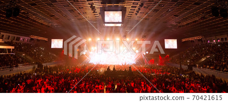 Stage illuminated by beautiful rays of lighting equipment. Stage illuminated by beautiful rays of lighting equipment. 70421615