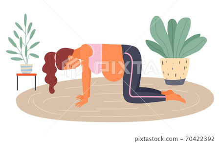Birth position for childbirth labor, pregnant woman standing at knees during painful birth pains 70422392