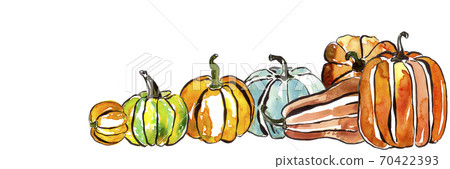 Banner with Watercolor pumpkins set, autumn harvest season or Thanksgiving clipart, collection of vegetables isolated on white background. Banner with Watercolor pumpkins set, autumn harvest season or Thanksgiving clipart, collection of vegetables isolated on white background. 70422393
