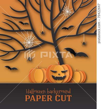 Halloween poster illustration, banner. Greeting card, design in the style of paper cut, art. Spiders, spider web, smiling pumpkin under the tree and bats on an orange background. Place for text Halloween poster illustration, banner. Greeting card, design in the style of paper cut, art. Spiders, spider web, smiling pumpkin under the tree and bats on an orange background. Place for text 70422647