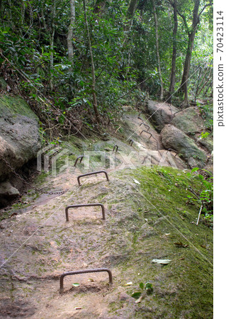 Steep part with chains and iron ladder on the rock of Parque Lage to Corcovado Trail, Rio de Janeiro, Brazil 70423114