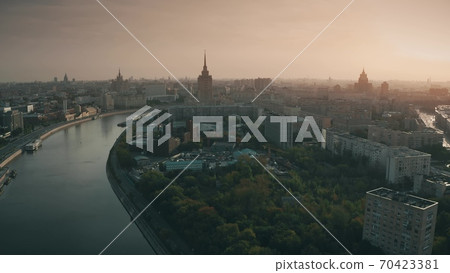Aerial view of Moscow involving Russian White House or the House of the Government of the Russian Federation early in the morning 70423381