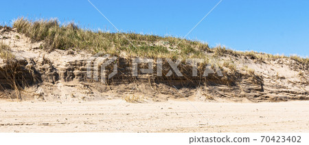 Sand dune battered by the ocean on Mointauk Beach with blue sky 70423402