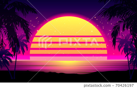 Retro 80s Style Tropical Sunset with Palm Tree. 70426197