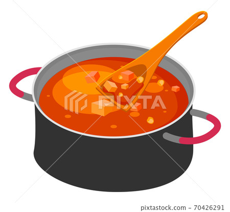 Big steel pan with borsch or red beet soup, wooden spoon or scoop, delicious dish with vegetables 70426291