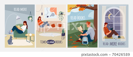 People reading books vector background covers, posters collection. Pattern set of men and women comfortable sitting and read literature isolated on white. Typography quote text People reading books vector background covers, posters collection. Pattern set of men and women comfortable sitting and read literature isolated on white. Typography quote text 70426589