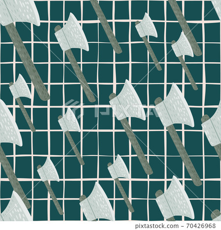 Random seamless viking hatchet doodle pattern. Middle ages norway ornament on green chequered background. 70426968