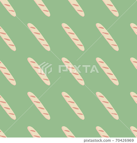 Creative seamless food pattern with light pink loaf elements. Green background. Tasty fresh bakery pastry backdrop. 70426969