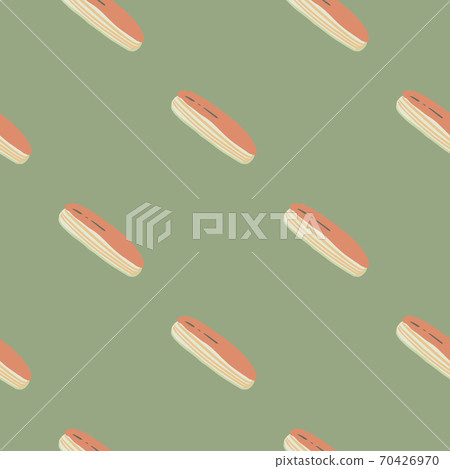 Minimalistic seamless simple pattern with eclairs stylized food ornament. Pastel palette baing artwork. Green soft background. 70426970