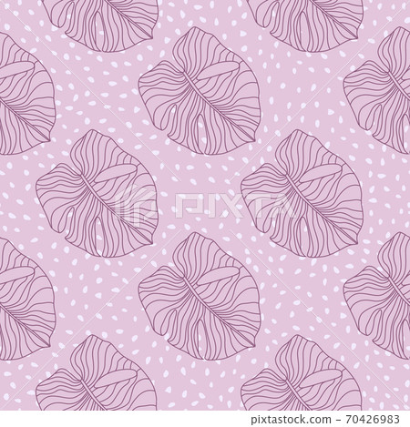Seamless monstera leaves outline pattern in tender style. Lilac contoured foliage shapes with pink dotted background. 70426983