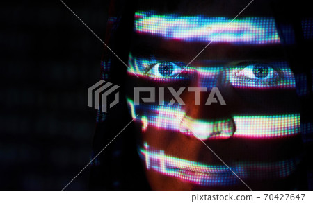 Cyber attack with unrecognizable hooded hacker using virtual reality, digital glitch effect Cyber attack with unrecognizable hooded hacker using virtual reality, digital glitch effect 70427647