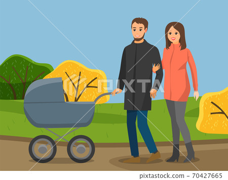 Family walking in the autumn park. Parents are rolling stroller. Autumn warm day. Cartoon characters 70427665