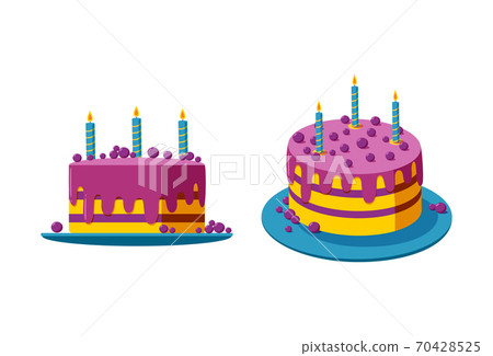 Birthday cake in two views. Cream cake with-插圖素材[70428525
