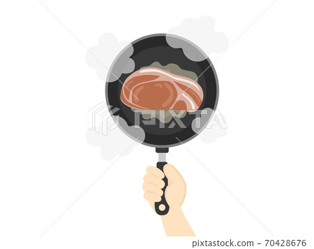 在平鍋裡煮熟的豬肉的插圖 在平鍋裡煮熟的豬肉的插圖 70428676