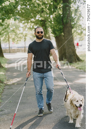 Blind man with guide dog in a summer city Blind man with guide dog in a summer city 70429677