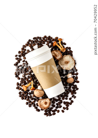 Mushroom Chaga Coffee Superfood Trend-dry and fresh mushrooms, coffee cup and coffee beans on white background. Mushroom Chaga Coffee Superfood Trend-dry and fresh mushrooms, coffee cup and coffee beans on white background. 70429952
