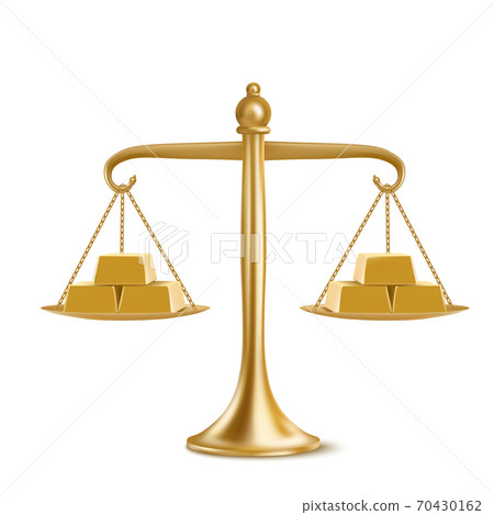 Golden bars on gold weight scales Golden bars on gold weight scales 70430162