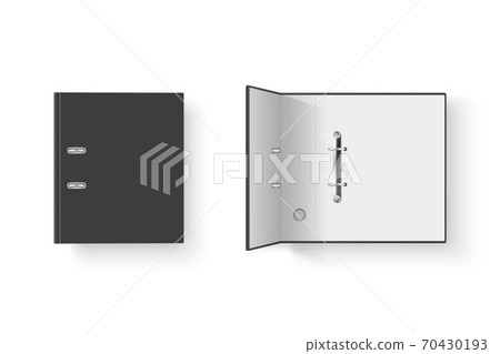 Vector 3d Closed and Opened Realistic Black Blank Office Binder Set with Metal Rings for A4 Paper Sheet Closeup Isolated on White Background. Design Template, Mockup, Top View 70430193