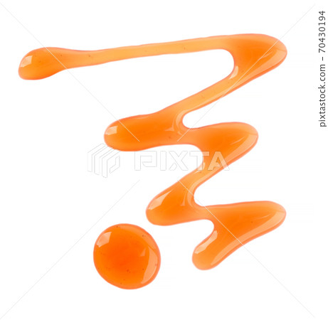 Maple syrup drizzle isolated on white background. Splashes of sweet maple syrup. Top view. 70430194