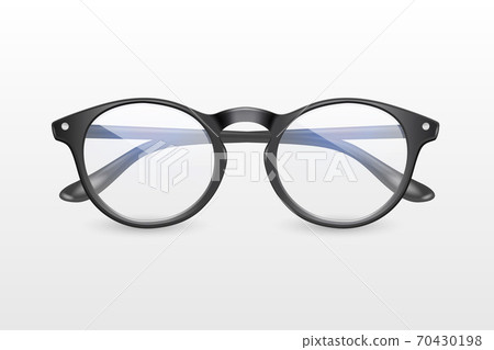 Vector 3d Realistic Plastic Round Black Rimmed Eye Glasses Icon Closeup Isolated on White Background. Women, Men, Unisex Accessory. Optics, Health Concept. Design Template, Mockup. Front View Vector 3d Realistic Plastic Round Black Rimmed Eye Glasses Icon Closeup Isolated on White Background. Women, Men, Unisex Accessory. Optics, Health Concept. Design Template, Mockup. Front View 70430198