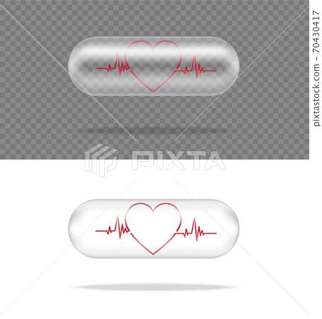 Mock up Realistic Transparent Pill Medicine Capsule Panel With Heart on White Background Vector Illustration. Tablets Medical and Health Concept. Mock up Realistic Transparent Pill Medicine Capsule Panel With Heart on White Background Vector Illustration. Tablets Medical and Health Concept. 70430417