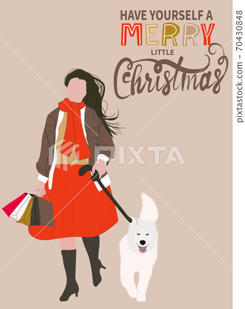 Christmas greeting card in retro style. A woman walks with a dog. Christmas sale poster. Christmas greeting card in retro style. A woman walks with a dog. Christmas sale poster. 70430848