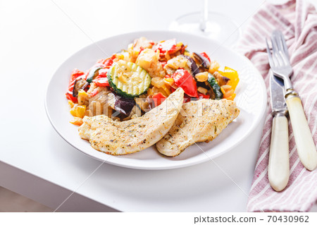 Grilled vegetables and fried chicken breast Grilled vegetables and fried chicken breast 70430962