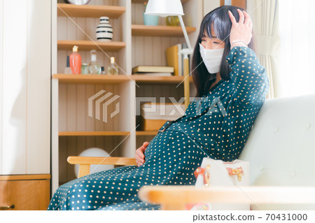 Pregnant woman holding her head, mask headache, forgetting, going out 70431000